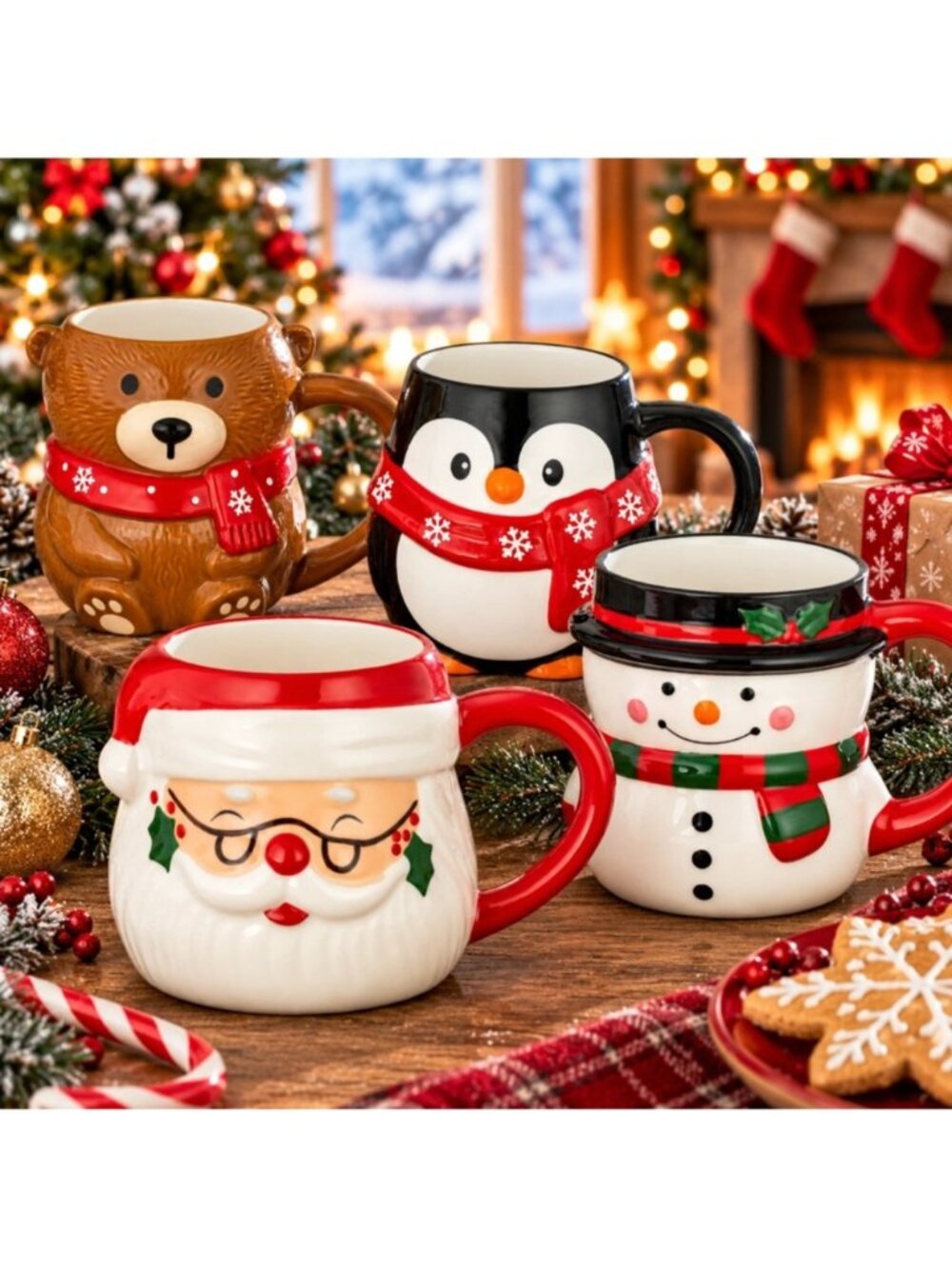 Signature Housewares Christmas Mugs 4 Pack Santa Snowman Penguin Bear Stoneware